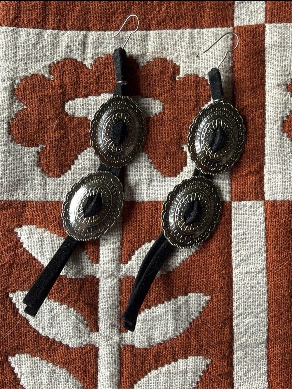 Silver Concho Dangle Earrings with Black Suede